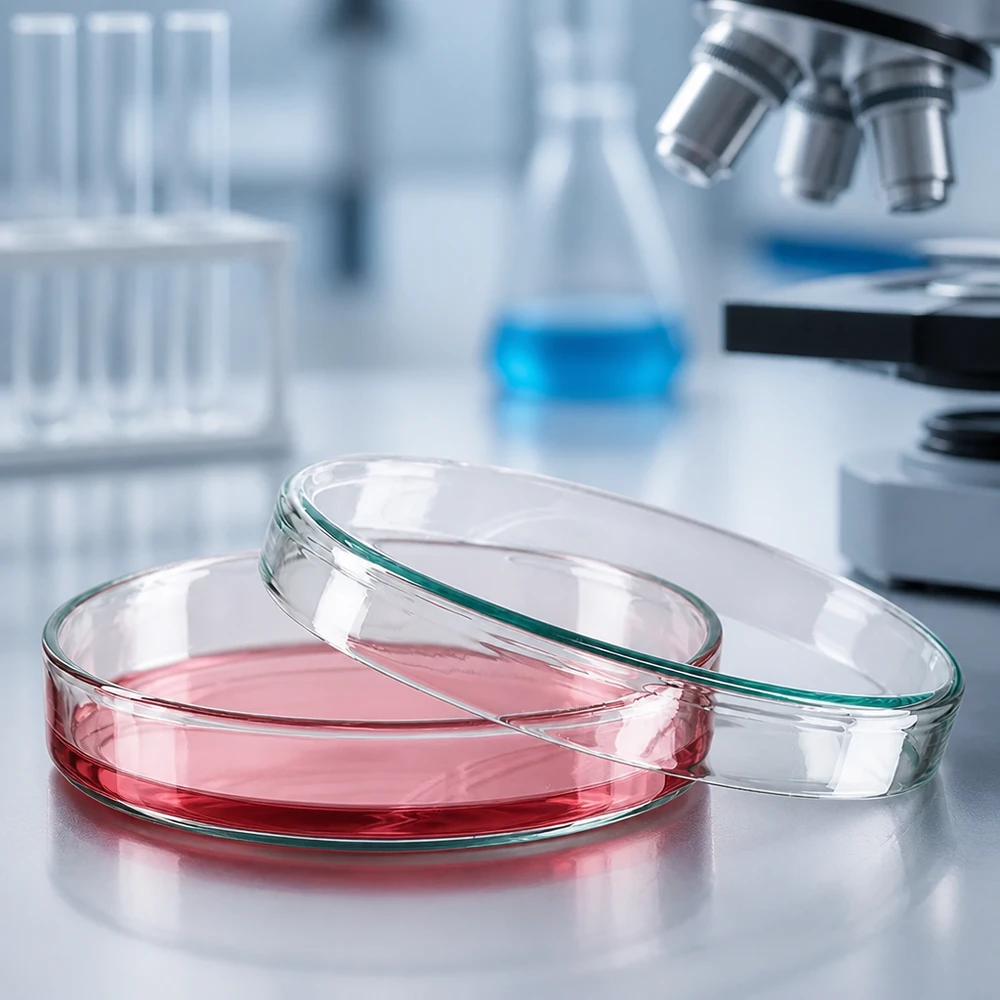 Petrischaal van 100 x 20 mm, van glas, naast een microscoop en een Erlenmeyer-kolf in het wetenschappelijk laboratorium