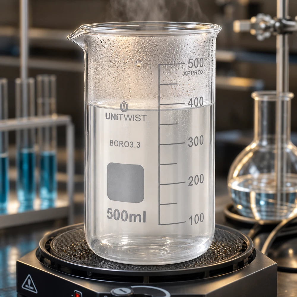 Beker 500ml borosilicaat, hoge vorm UNITWIST Becherglas 500 ml, hoog model UNITWIST, met stoomvorming op een elektrische verwarmingsplaat