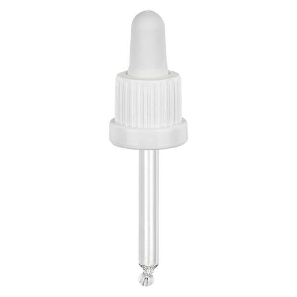 Glazen druppelpipet wit/wit 18 mm PL53.5 garantiesluiting (OV) Glazen druppelpipet wit/wit 18 mm PL53.5 garantiesluiting (OV)
