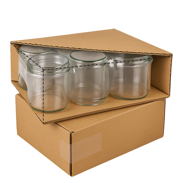288ml hexaglas zonder deksel (TO63) UNiTWIST Zeshoekige potten van 196 ml in kartonnen verpakking tonen praktische levering van zeshoekige jampotten met BasicSeal deksels