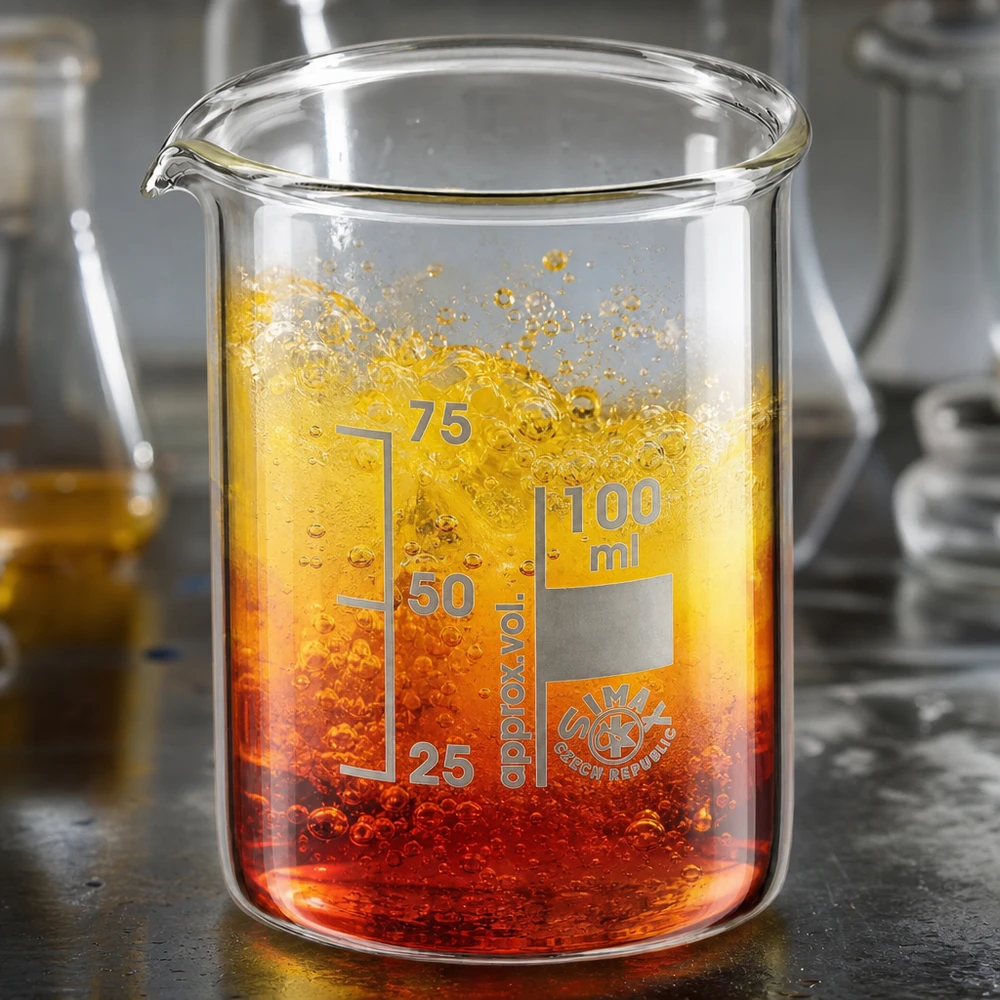 Bekerglas 100 ml van hittebestendig borosilicaatglas (laag model) Maatbeker 100 ml met gekleurd chemisch mengsel en nauwkeurige volumeschaal