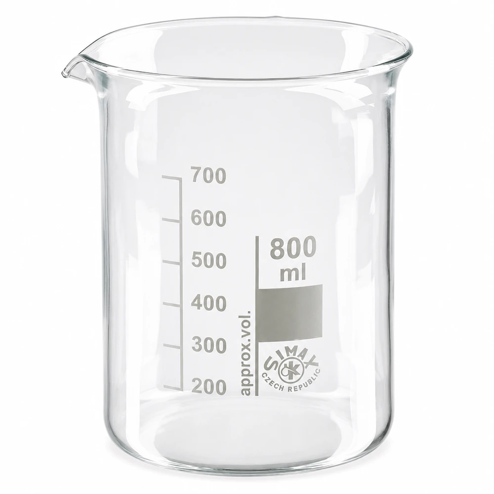 Bekerglas 800 ml van hittebestendig borosilicaatglas (laag model) Bekerglas 800 ml van hoogwaardig borosilicaatglas met schenktuit voor nauwkeurig werken in het laboratorium