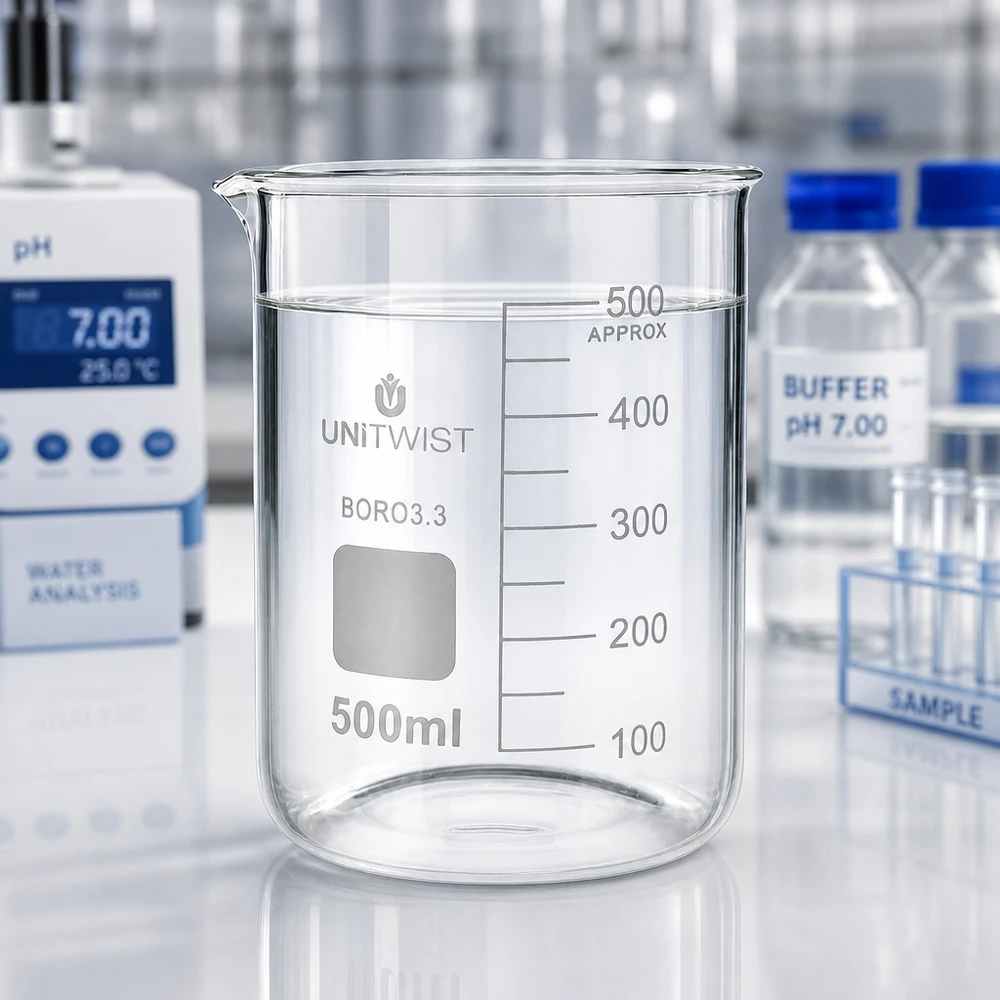 UNiTWIST bekerglas 500 ml, borosilicaat, laag model, naast buffer pH 7,00 kalibratieoplossing