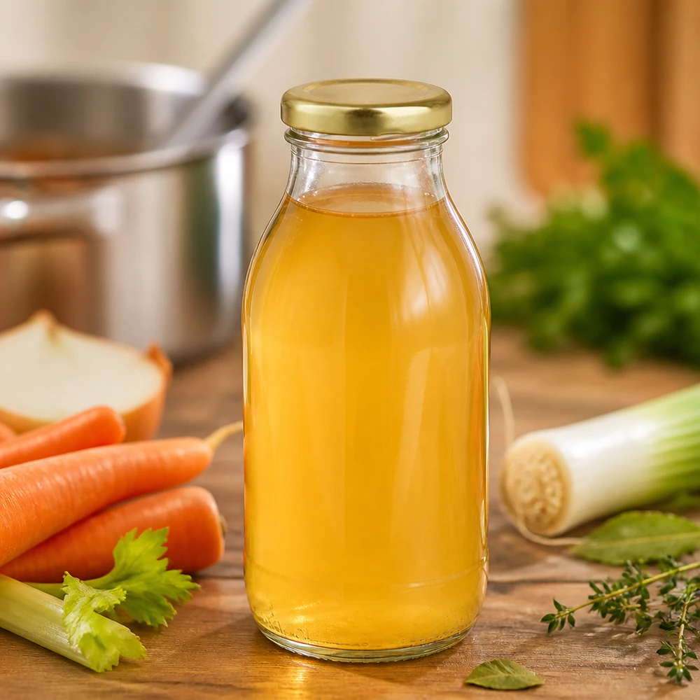 Glazen fles van 250 ml + BasicSeal-deksel goud UNiTWIST Navulbare UNiTWIST-glasfles van 250 ml met BasicSeal-sluitdop in goudkleur voor zelfgemaakte fonds en bouillons