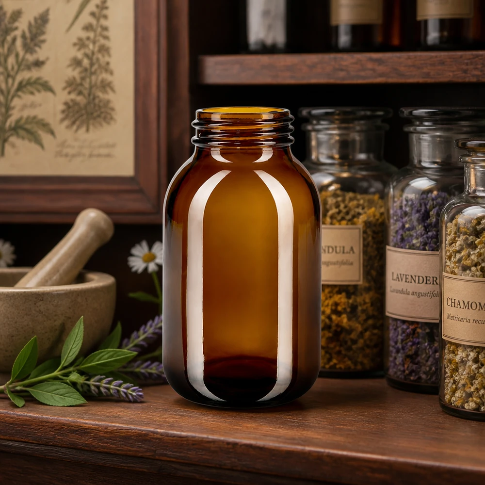 Fles met wijde hals 500 ml bruin glas met DIN 55 opening zonder sluiting Bruin glazen flesje 500ml met wijde opening voor kruiden en natuurlijke remedies