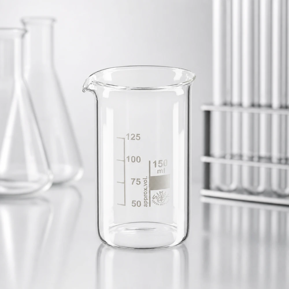Bekerglas 150ml van hittebestendig borosilicaatglas (hoog model) Bekerglas 150 ml, hoge cilindrische vorm, dikwandig borosilicaatglas voor chemische toepassingen