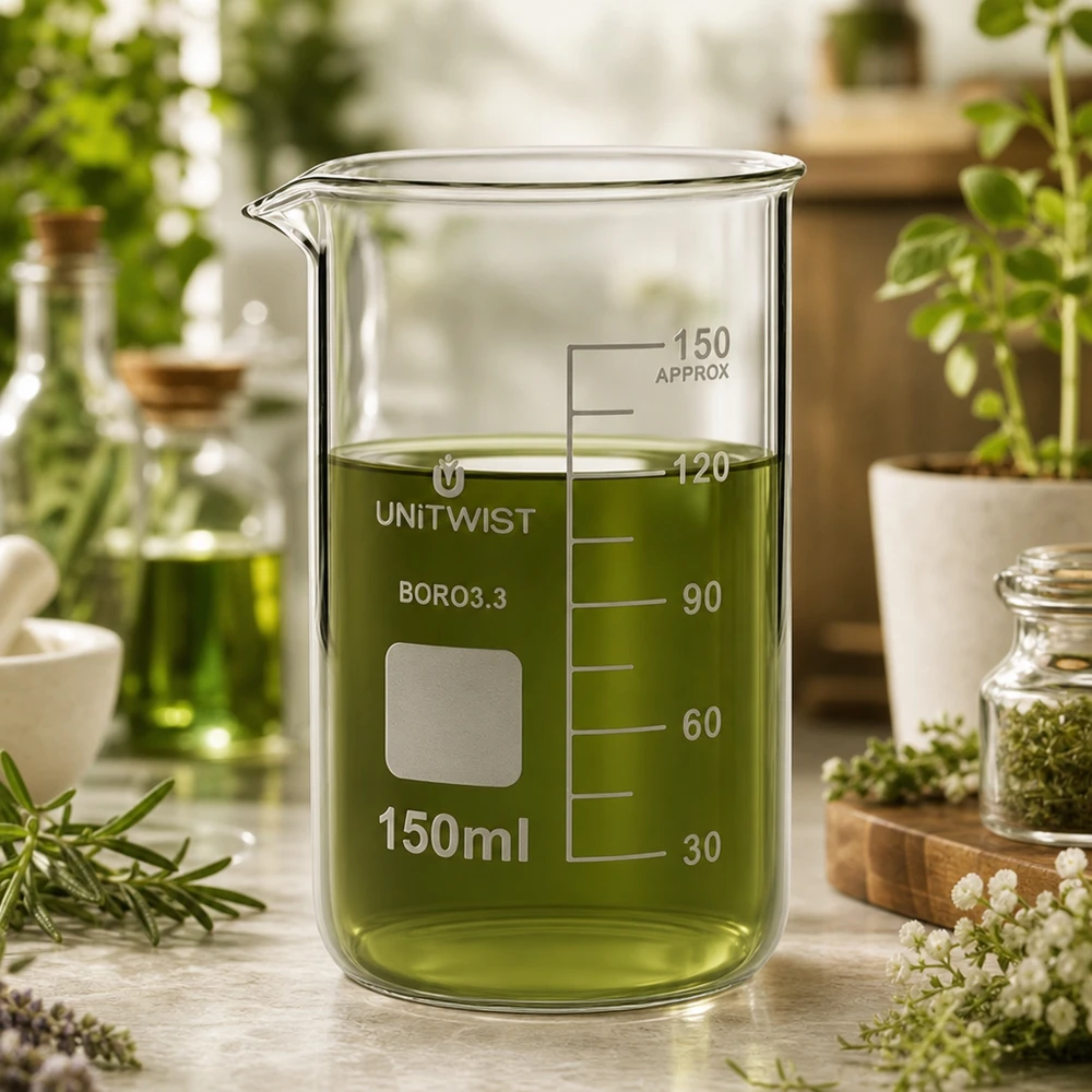 Beker 150ml borosilicaat, hoge vorm UNITWIST Becherglas 150 ml UNITWIST Boro3.3, hoog model met milliliterschaal en groene plantaardige oplossing
