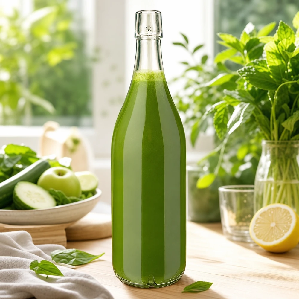 Glazen fles 1000ml UNiTWIST gevuld met groene smoothie verse groenten fruit keuken tafereel gezonde voeding