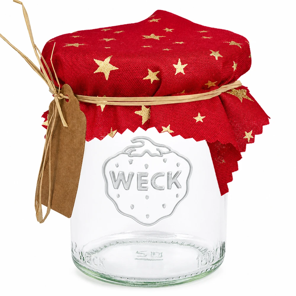 Stoffen doily rood met gouden sterren 12cm vierkant op WECK inmaakpot met strik en label