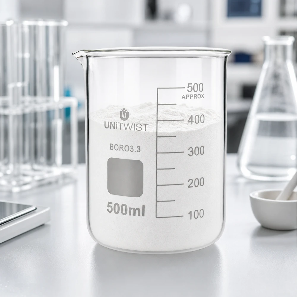 Laboratoriumopstelling met een UNiTWIST-bekerglas van 500 ml (borosilicaat) en een vijzel op de achtergrond