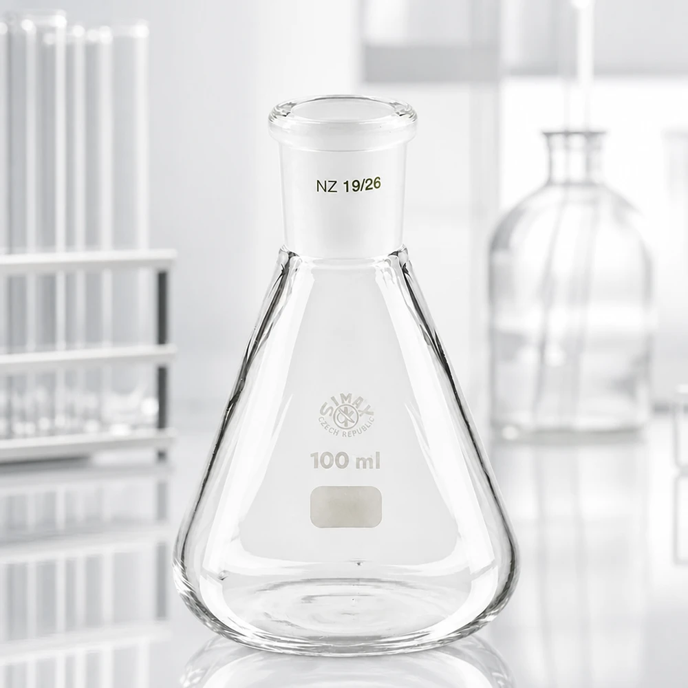 Erlenmeyer 100ml nauwe hals borosilicaat met slijpstuk 19/26 Erlenmeyer 100ml nauwe hals borosilicaat met slijpstuk 19/26