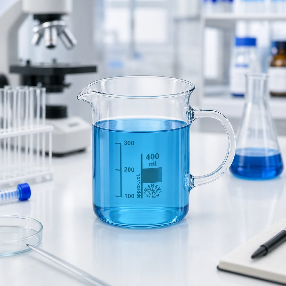 Glasbeker met handvat, 400 ml, van borosilicaatglas met volumemarkeringen, van Simax Czech Republic