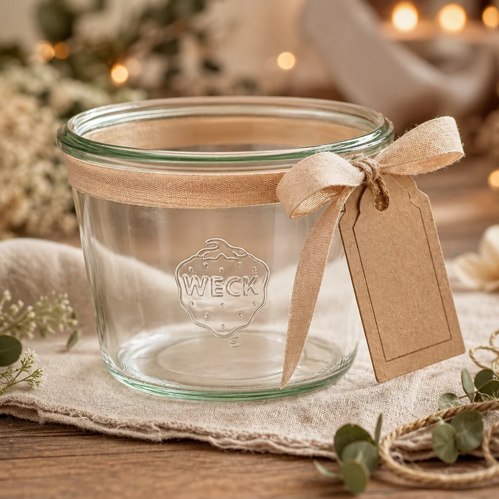 WECK bekers 370ml RR100 versierd met lint en hanger op een rustieke houten tafel
