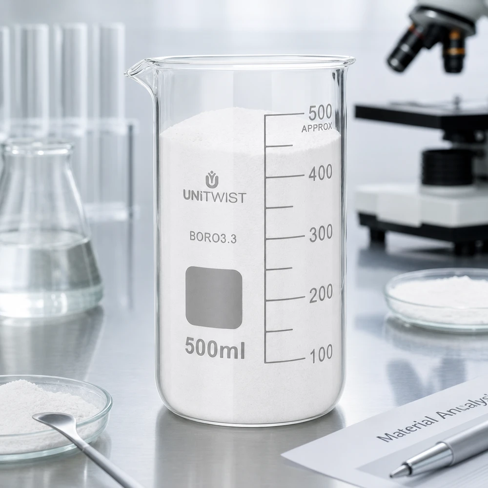 Beker 500ml borosilicaat, hoge vorm UNITWIST Doorzichtig bekerglas van 500 ml met schaalverdeling tot 500 ml, gevuld met witte vaste stof