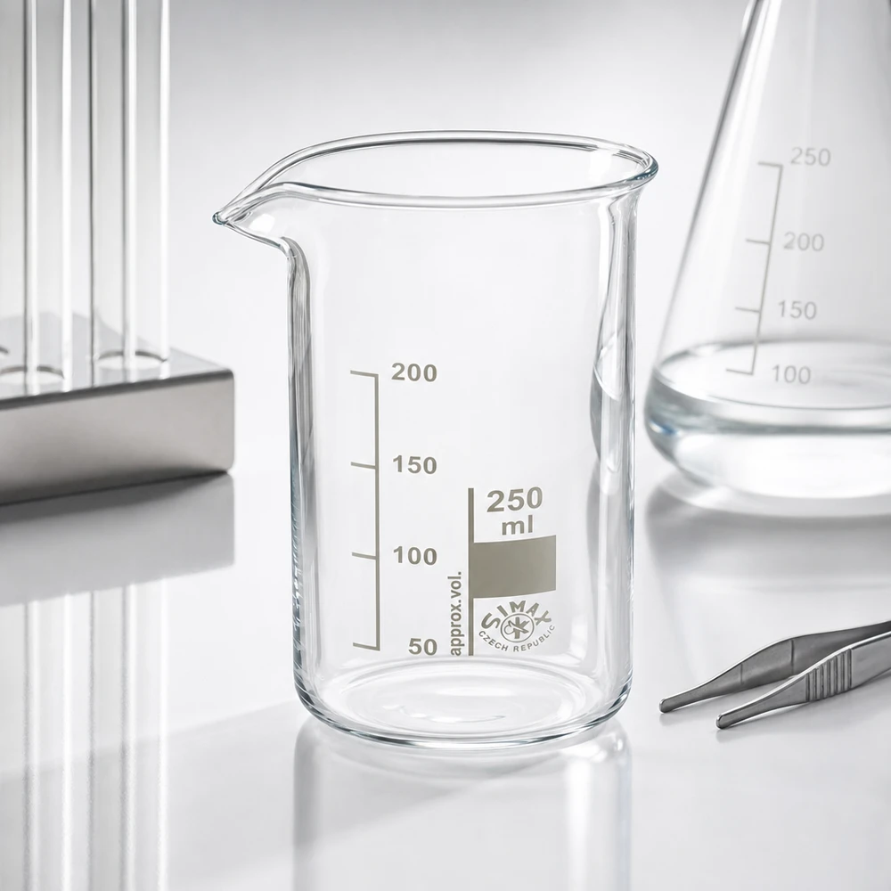 Bekerglas 250 ml van hittebestendig borosilicaatglas (hoog model) Cilindrisch bekerglas van 250 ml, gemaakt van borosilicaatglas, met schaalverdeling, van de Tsjechische fabrikant Simax