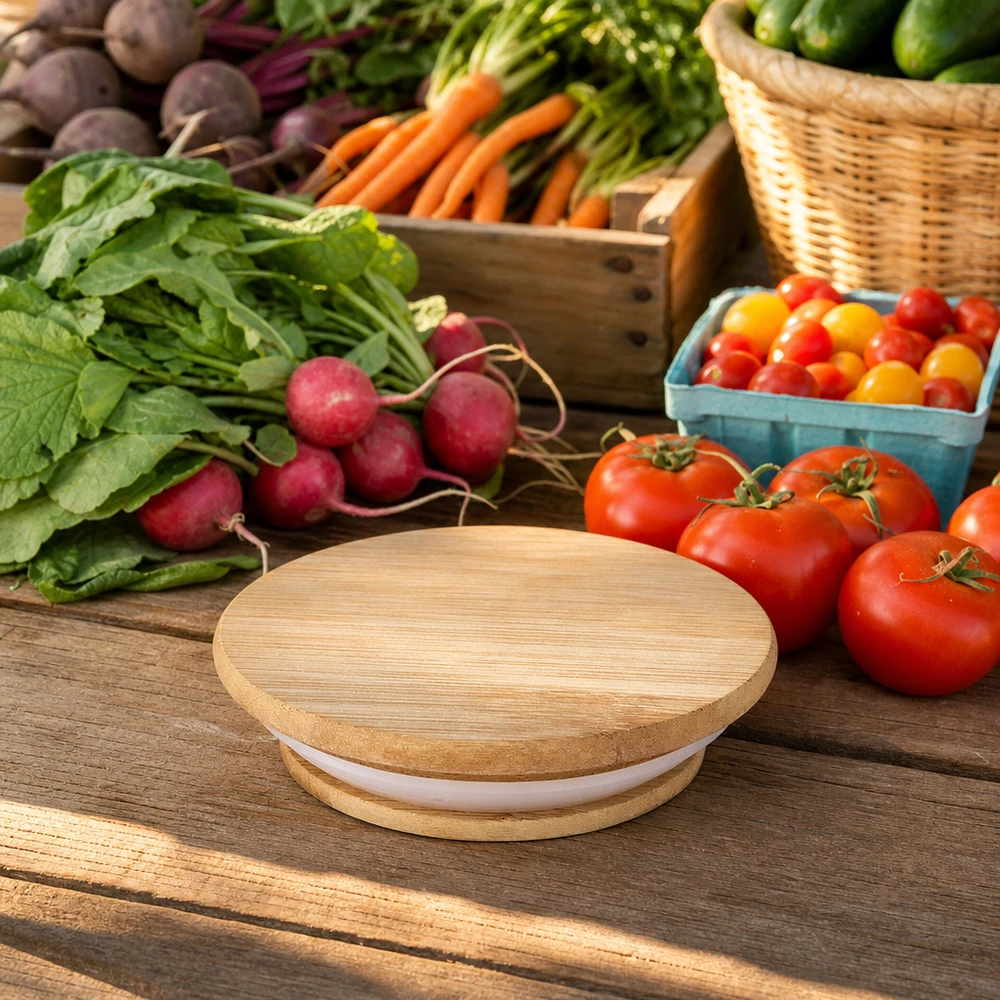 Houten deksel WECK RR40 Houten deksel WECK RR40 natuurlijk eiken tussen verse groenten tomaten radijzen wortelen natuurlijke keukenomgeving