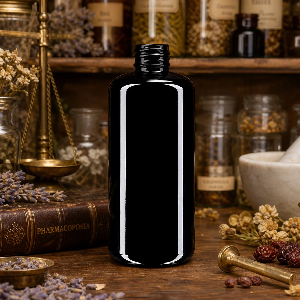 Violetglas fles 200ml GCMI 410/24 Mironglas Compacte 200 ml Draco cosmeticafles van lichtbeschermend violet glas, perfect voor op reis en onderweg