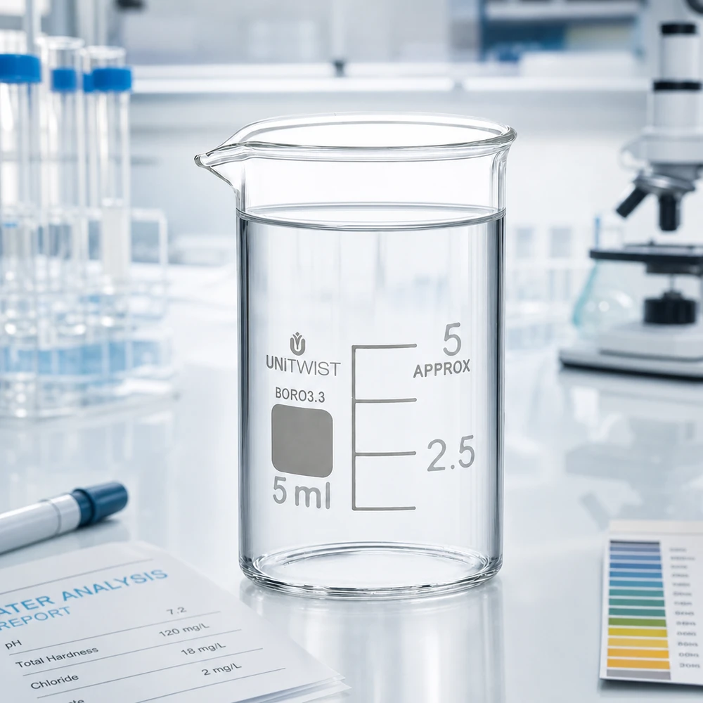 Beker 5ml borosilicaat, lage vorm UNiTWIST Becherglas van 5 ml, borosilicaat, laag model, met heldere vloeistof en reageerbuisjes op de achtergrond