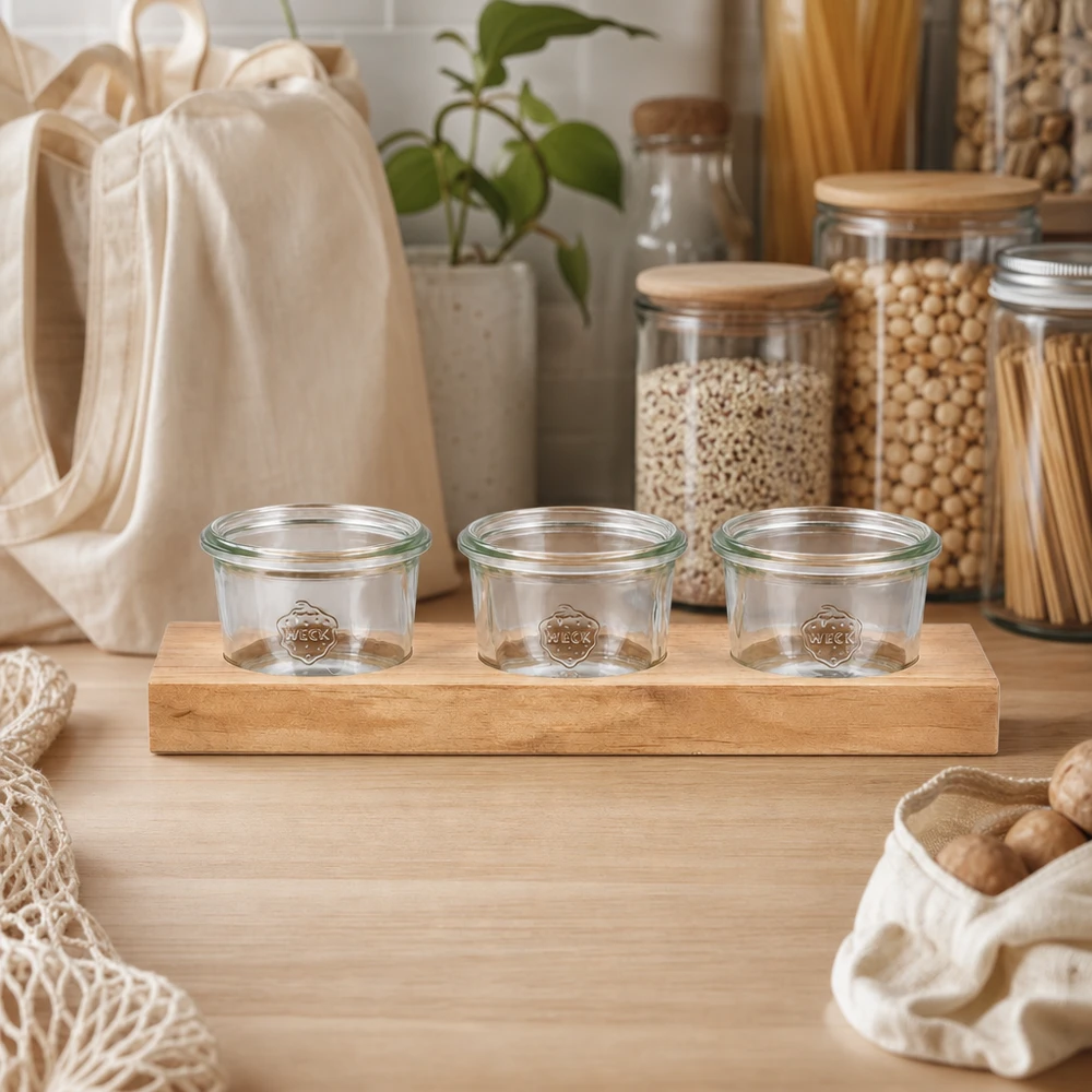 Duurzame serveerplank Plano3 met 3 lege Weck 80ml bekers in zero-waste keuken met voorraadpotten