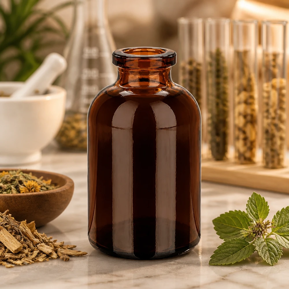 Injectiefles bruin glas 30ml Injektionsflasche Braunglas 30ml für Kräuterextrakte auf Marmorunterlage mit Mörser im Hintergrund