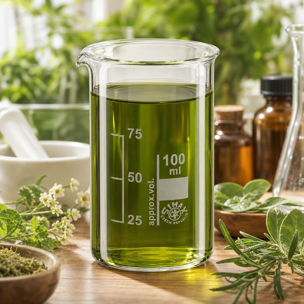Bekerglas 100 ml van hittebestendig borosilicaatglas (hoog model) Simax-bekerglas van 100 ml met een prachtige vorm en heldergroen plantenextract in een kruidenlaboratoriumomgeving