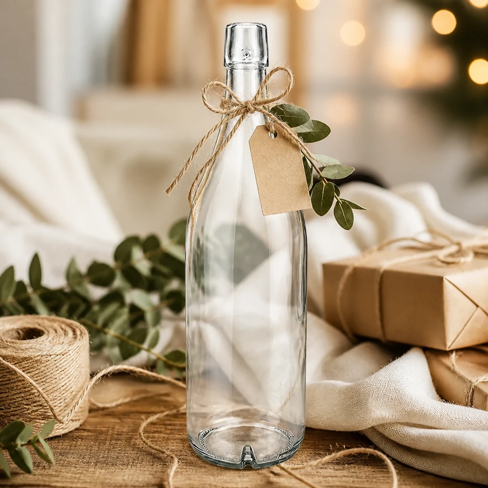 1000ml glazen fles UNiTWIST leeg gedecoreerd met jute koord en cadeaulabel als cadeau-idee op een houten voet