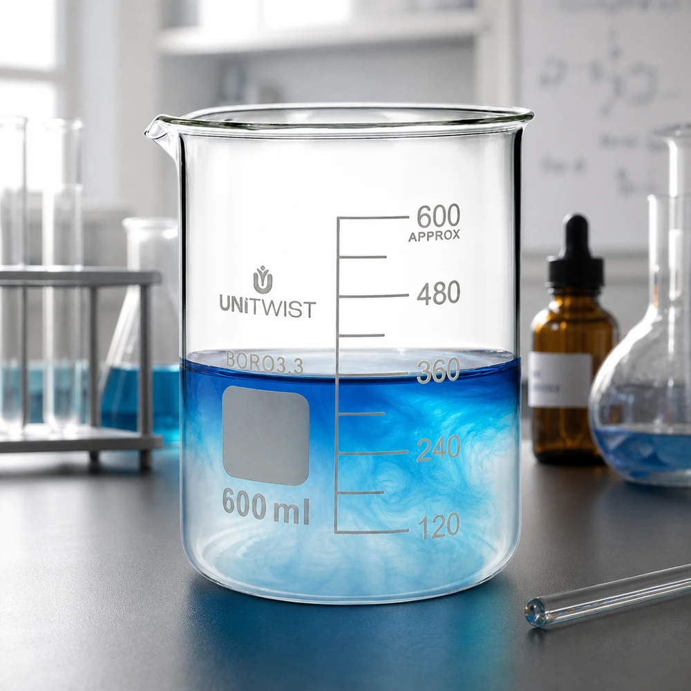 Laboratoriumbeker van borosilicaatglas, 600 ml, met een wervelende blauwe inhoud bij een vulniveau van ongeveer 360 ml
