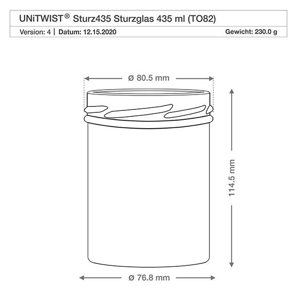 Technische tekening UNiTWIST Sturz435 inmaakpot 435ml met afmetingen Diameter 80,5mm Hoogte 114,5mm TO82