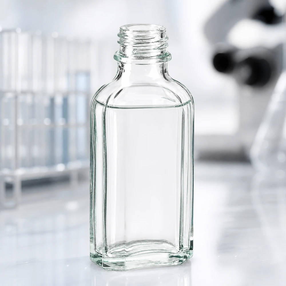50 ml doorzichtige Meplat-fles, geschikt voor gebruik in een laboratoriumomgeving voor monsters en chemische stoffen