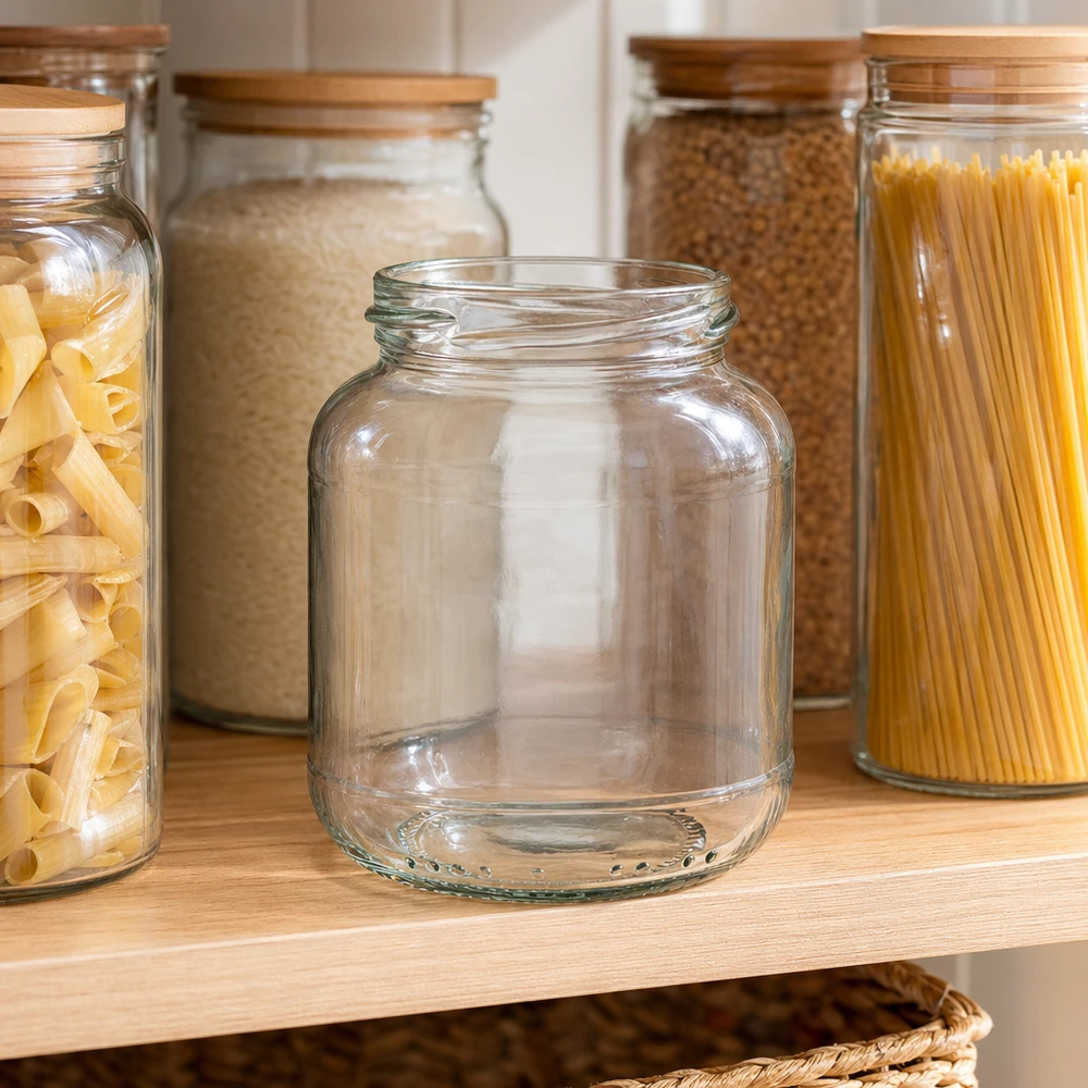 370ml ovaal glas deksel (TO66) UNiTWIST UNiTWIST Oval370 inmaakpot 370ml leeg op houten plank tussen gevulde voorraadpotten met pasta en ontbijtgranen