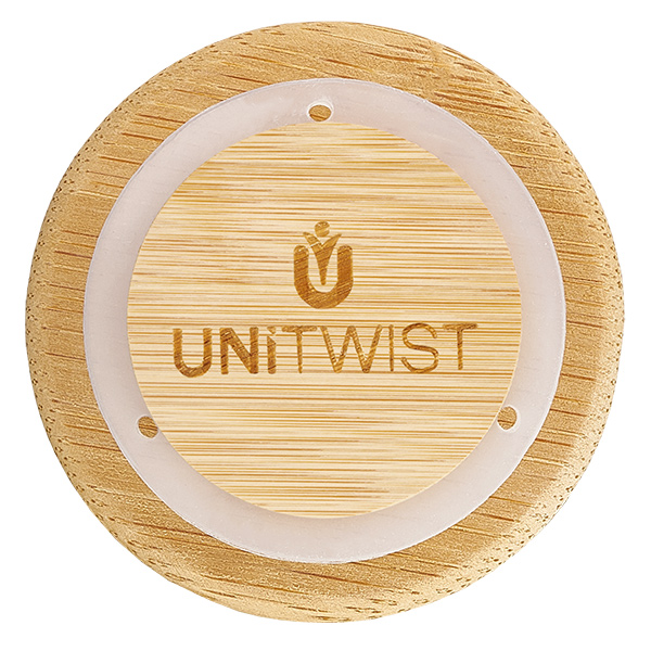 Houten deksel WECK RR40 versie A van boven met UNITWIST logo-gravure en eiken houtstructuur natuurlijke nerf