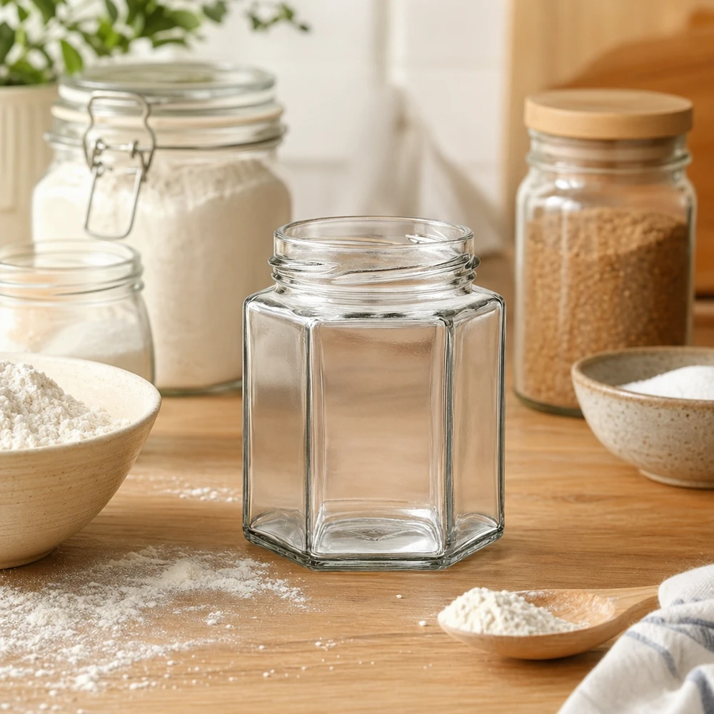 UNiTWIST Hexa196 zeshoekige pot 196ml TO53 draad leeg op houten tafel in moderne keuken met voorraadpotten