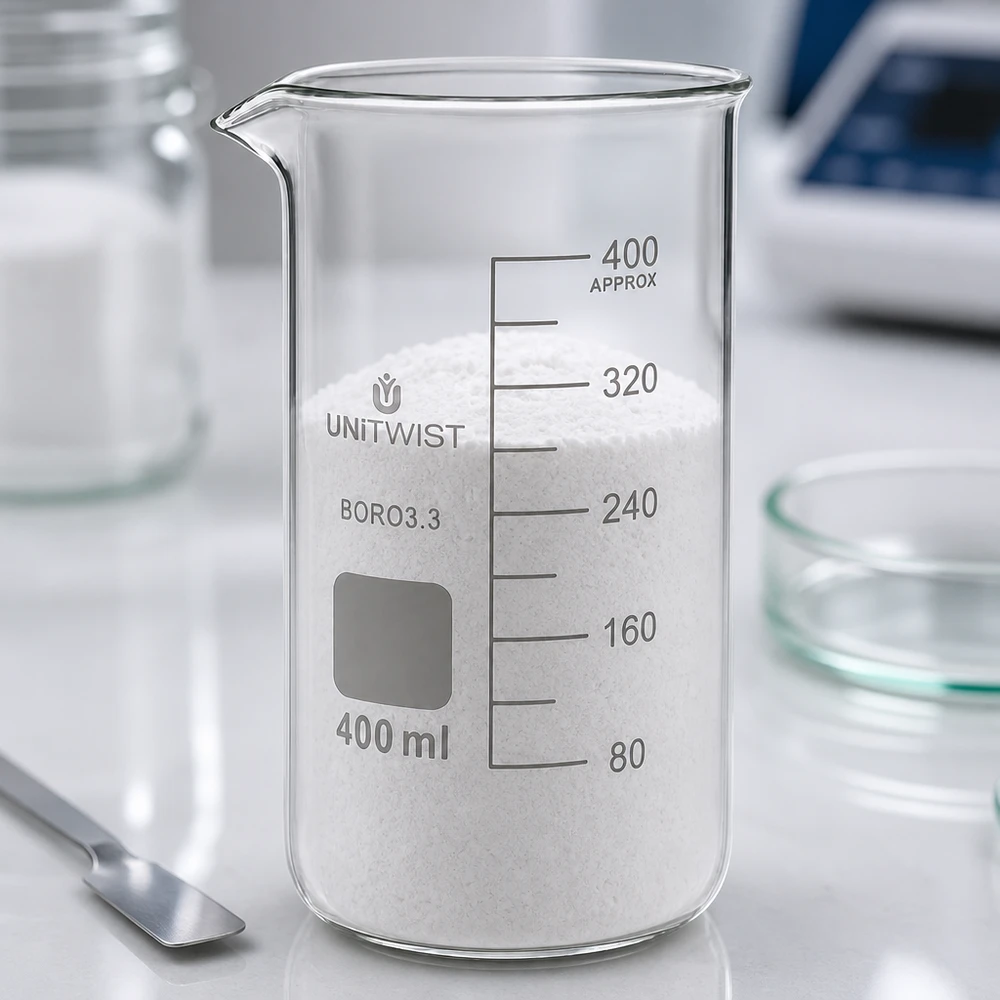 Beker 400ml borosilicaat, hoge vorm UNITWIST Hoog laboratoriumbekerglas 400 ml, transparant borosilicaatglas met wit chemisch poeder, laboratorium