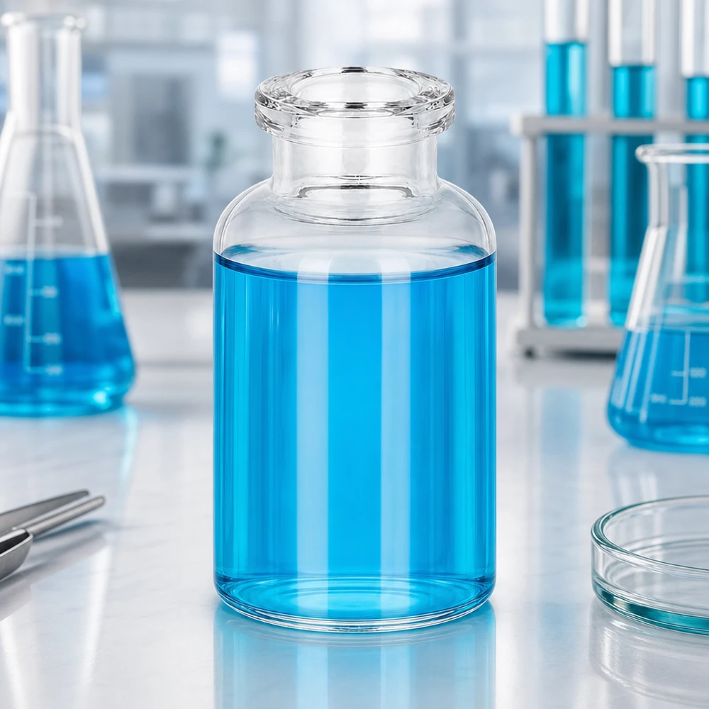 Injectiefles helder glas 20ml Injektionsvial 20ml Klarglas auf weißer Laborbank neben Petrischale und Pinzette