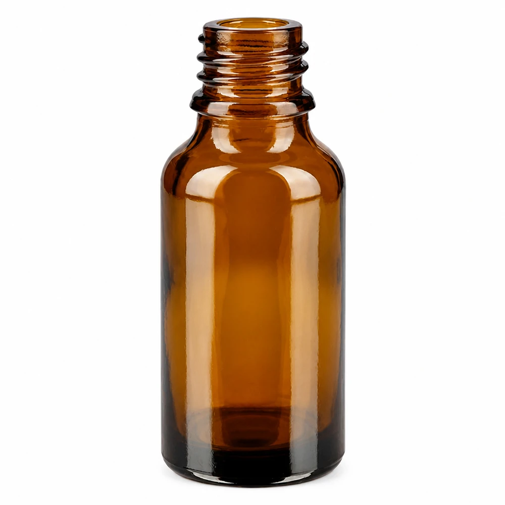 Bruine glazen fles 20ml 20ml bruine apothekersfles hoge vorm ApoGlas leeg zonder dop op witte achtergrond