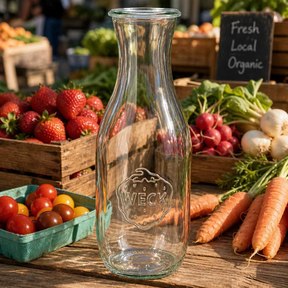 WECK RR60 sapfles van 1062 ml WECK sapfles 1062ml RR60 op houten tafel met verse marktgroenten wortelen radijzen tomaten en biologisch bord