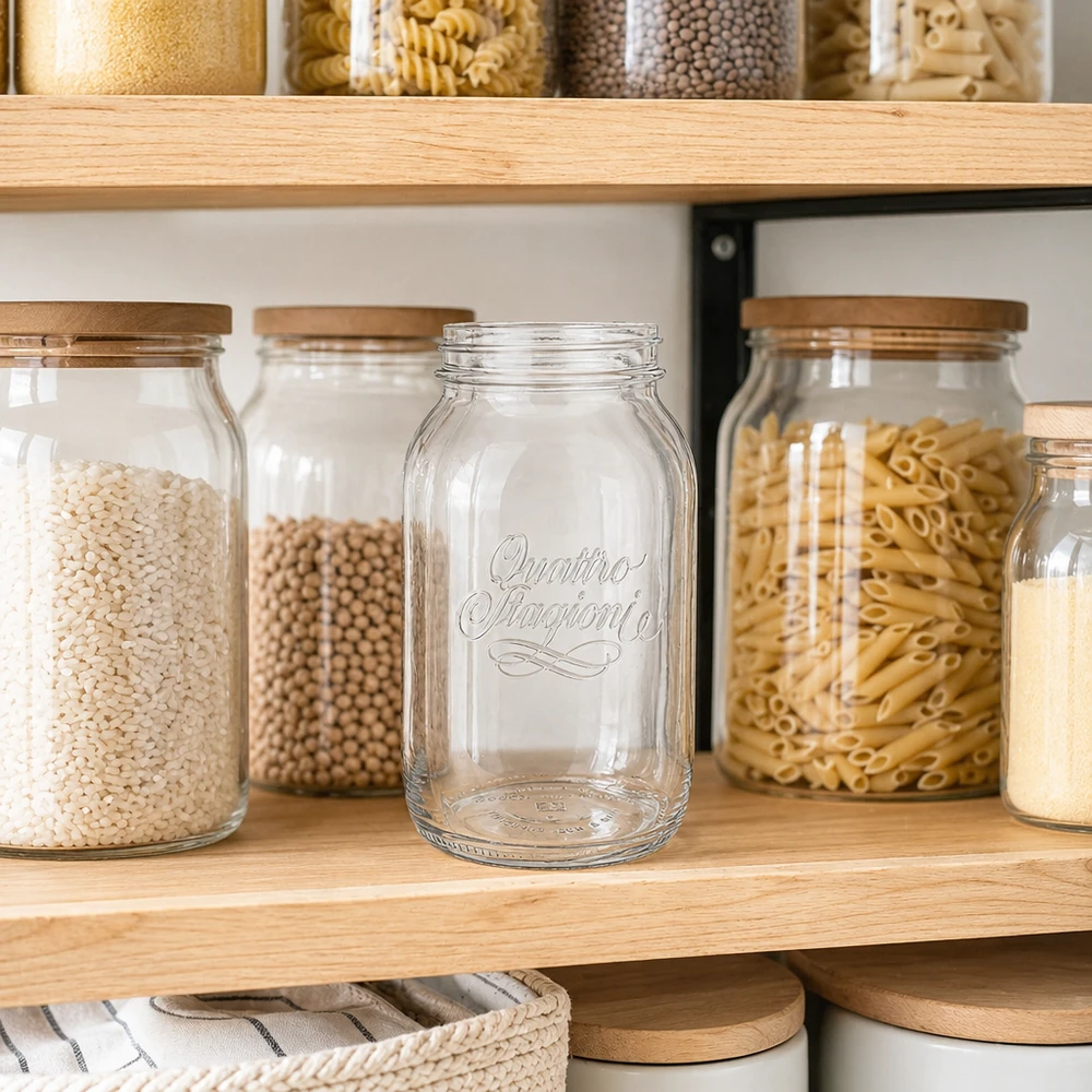 1500ml huishoudglas "Quattro Stagioni" 1500ml Quattro Stagioni huishoudpot leeg op een houten plank naast voorraadpotten gevuld met pasta en peulvruchten