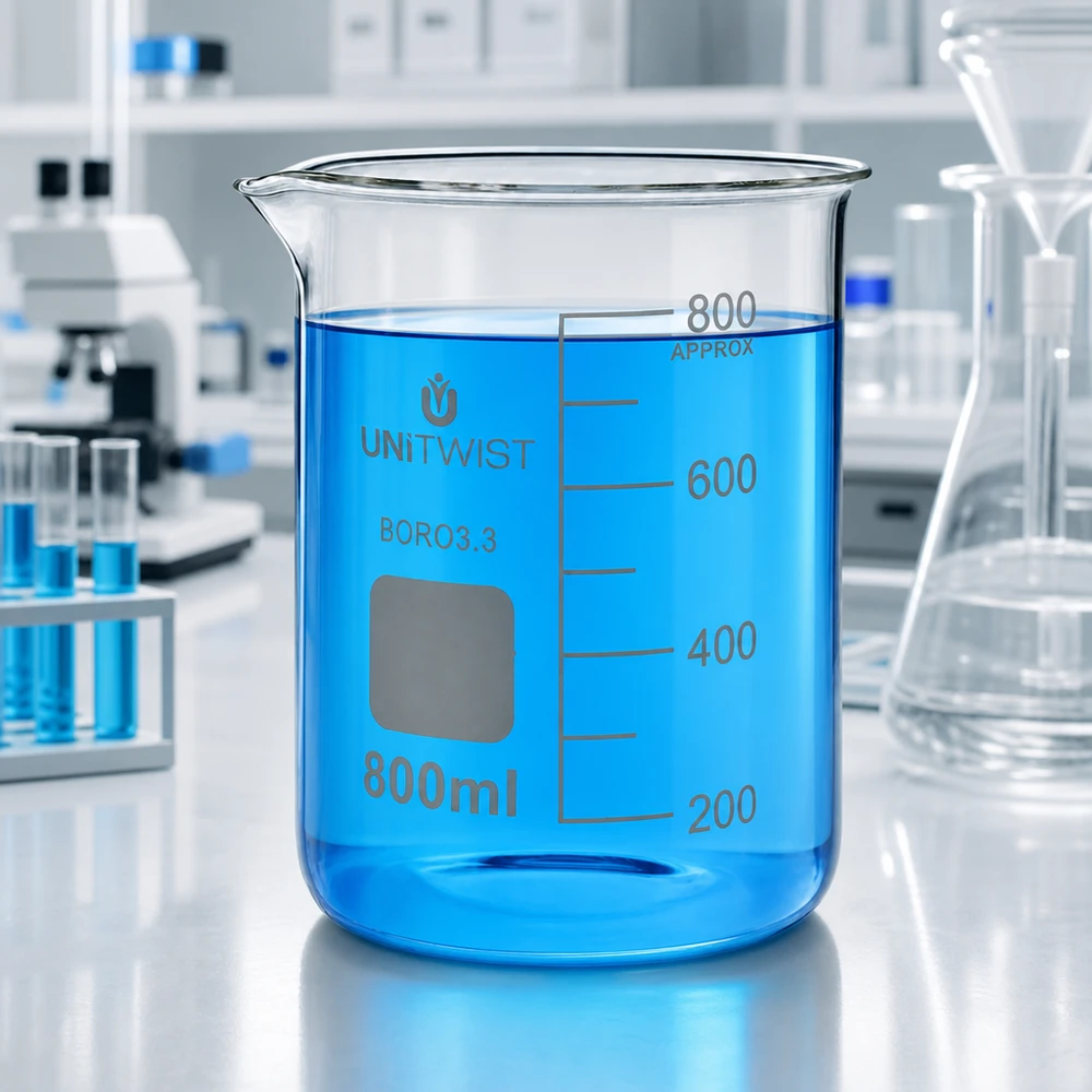 Doorzichtig borosilicaat bekerglas 800 ml, laag model met schenktuit UNiTWIST