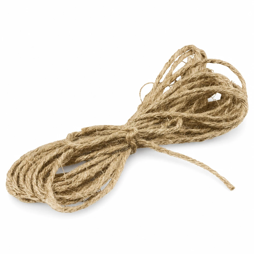 Natuurlijk koord voor decoratie, 300 cm lang Natuurlijke jute koord van 300 cm lang om te versieren, opgerold en gebonden met knopen op een witte achtergrond