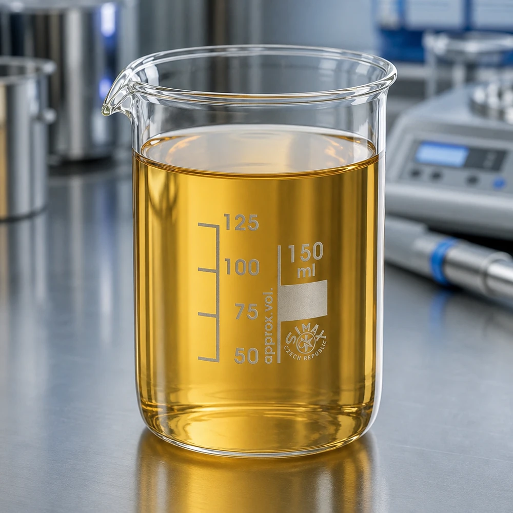 Bekerglas 150 ml van hittebestendig borosilicaatglas (laag model) Scheikundebeker 150ml lage vorm met amberkleurige oplossing op laboratoriumwerkstation