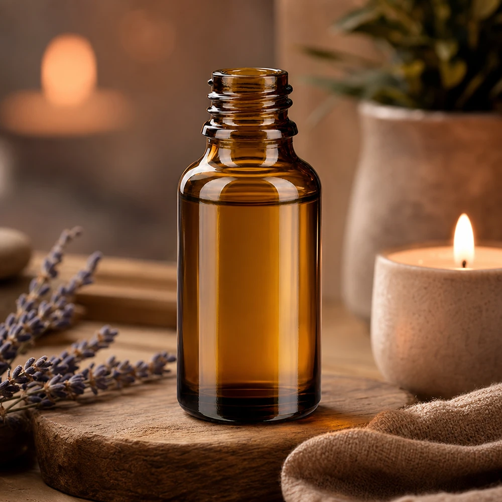 30ml bruine apothekersfles ApoGlas 30ml bruin ApoGlas flesje voor essentiële oliën met lavendel aromatherapie set en brandende kaarsen