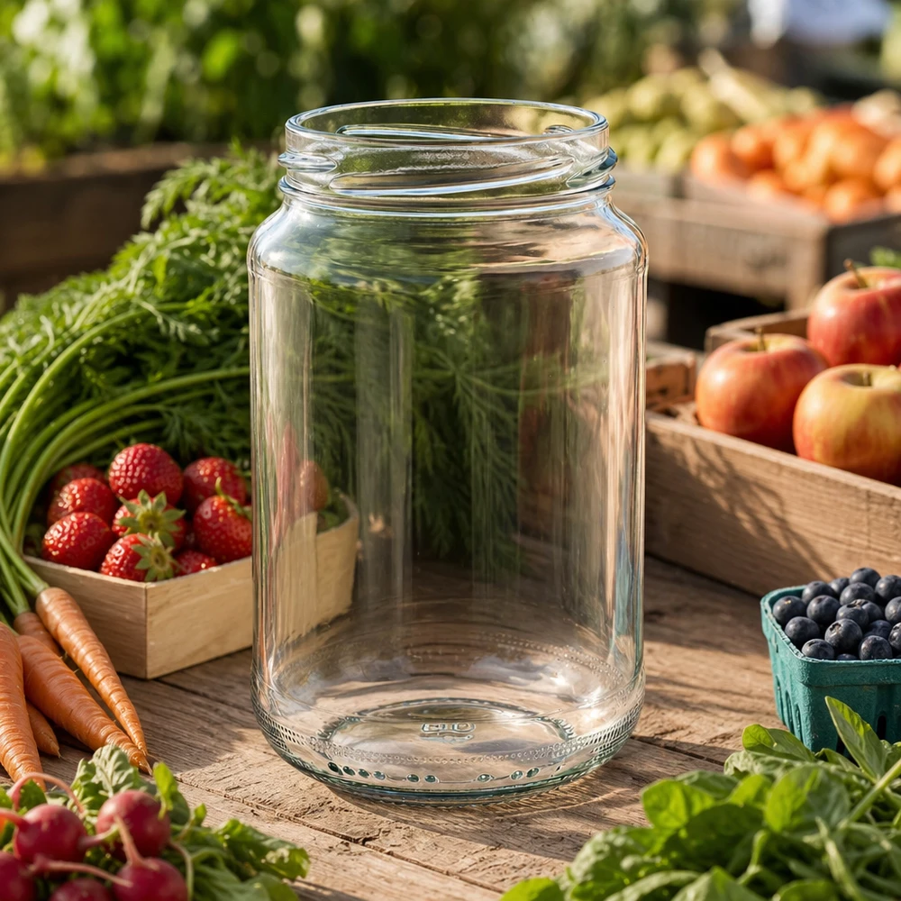 UNiTWIST Runda375 rond glas 375ml TO63 op een houten tafel omringd door verse groenten, fruit en kruiden in de tuin