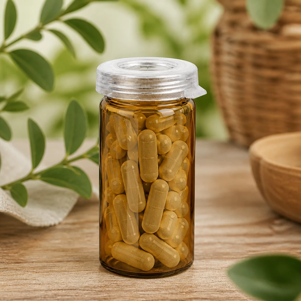 5ml tablettenglas helder glas incl. klikdeksel (rolrand glas) Medisch glas 5 ml, amberkleurig met UV-bescherming, gevuld met capsules met voedingssupplementen