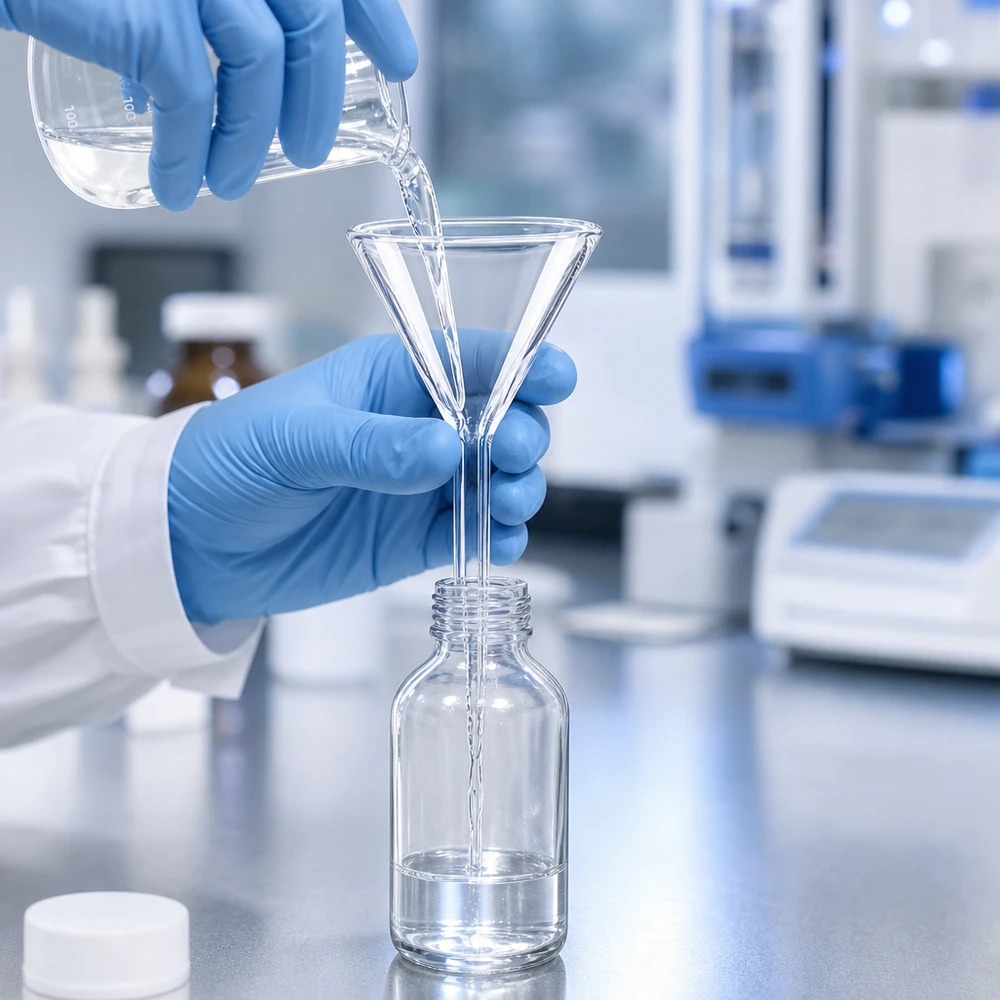 Glazen trechter Ø 35mm - borosilicaat 3.3 - 60° hoek Korte laboratoriumtrechter van borosilicaatglas 35 mm voor nauwkeurig decanteren in laboratoriumflessen