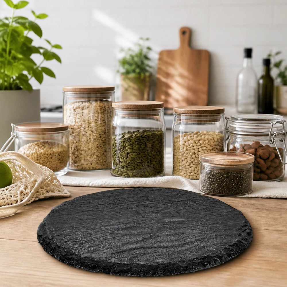 Leistenen dienblad rond Ø 150mm Ronde leisteenplaat 150mm op houten tafel in duurzame zero-waste keuken met voorraadpotjes en kruiden