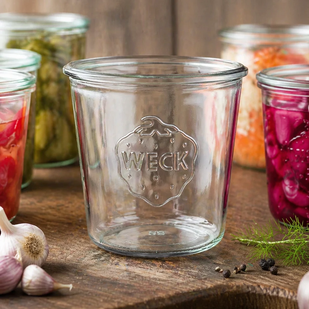 580ml stortglas WECK RR100 580ml glazen pot WECK RR100 leeg met logo op houten tafel naast kleurrijke inmaakpotten met groenten en knoflook