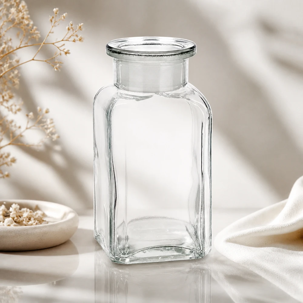 Vierkant-apothekersfles 100 ml wijde hals helder glas incl. glazen stop Glazen fles met brede hals, 100 ml, met platte glazen stop en hoekige vorm, voor cosmetica en natuurlijke producten