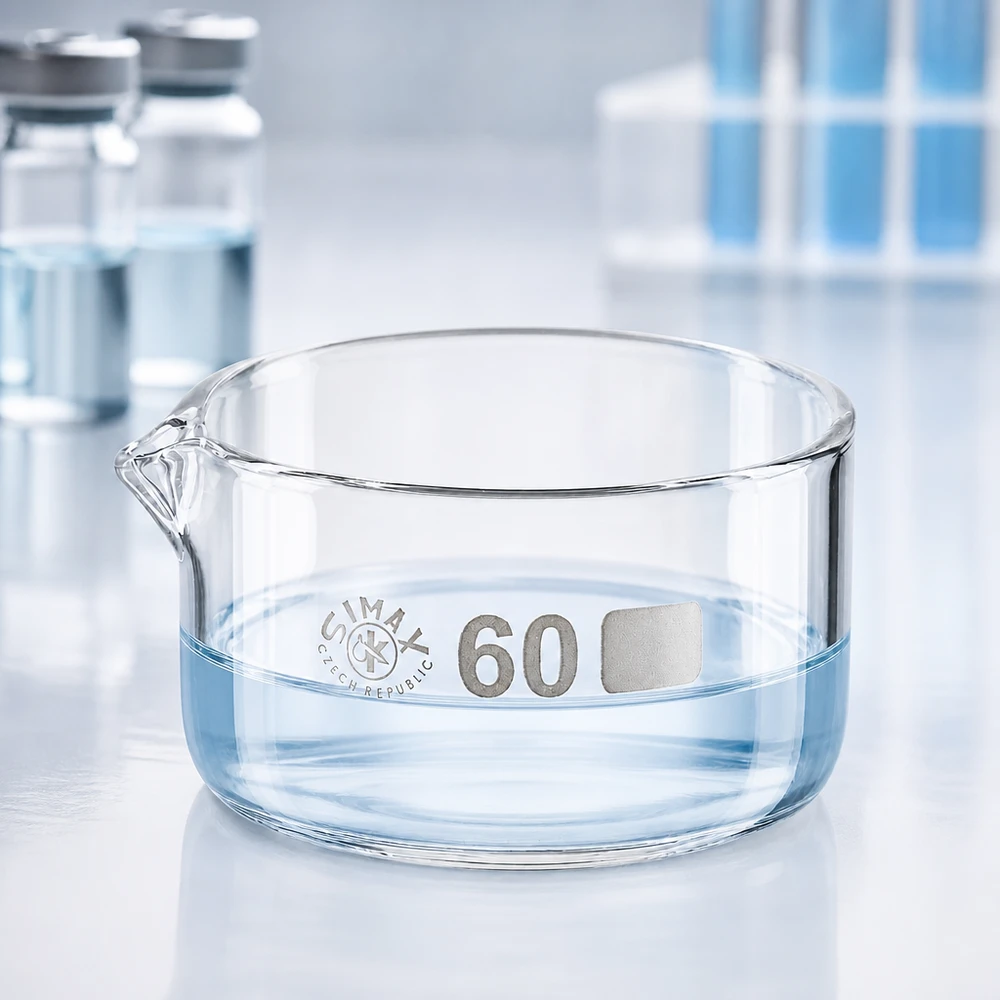 Vlakke kristallisatieschaal 60 ml, glas, met uitgietmond, laboratoriumschaal, verdamping, analyse, Simax, transparant