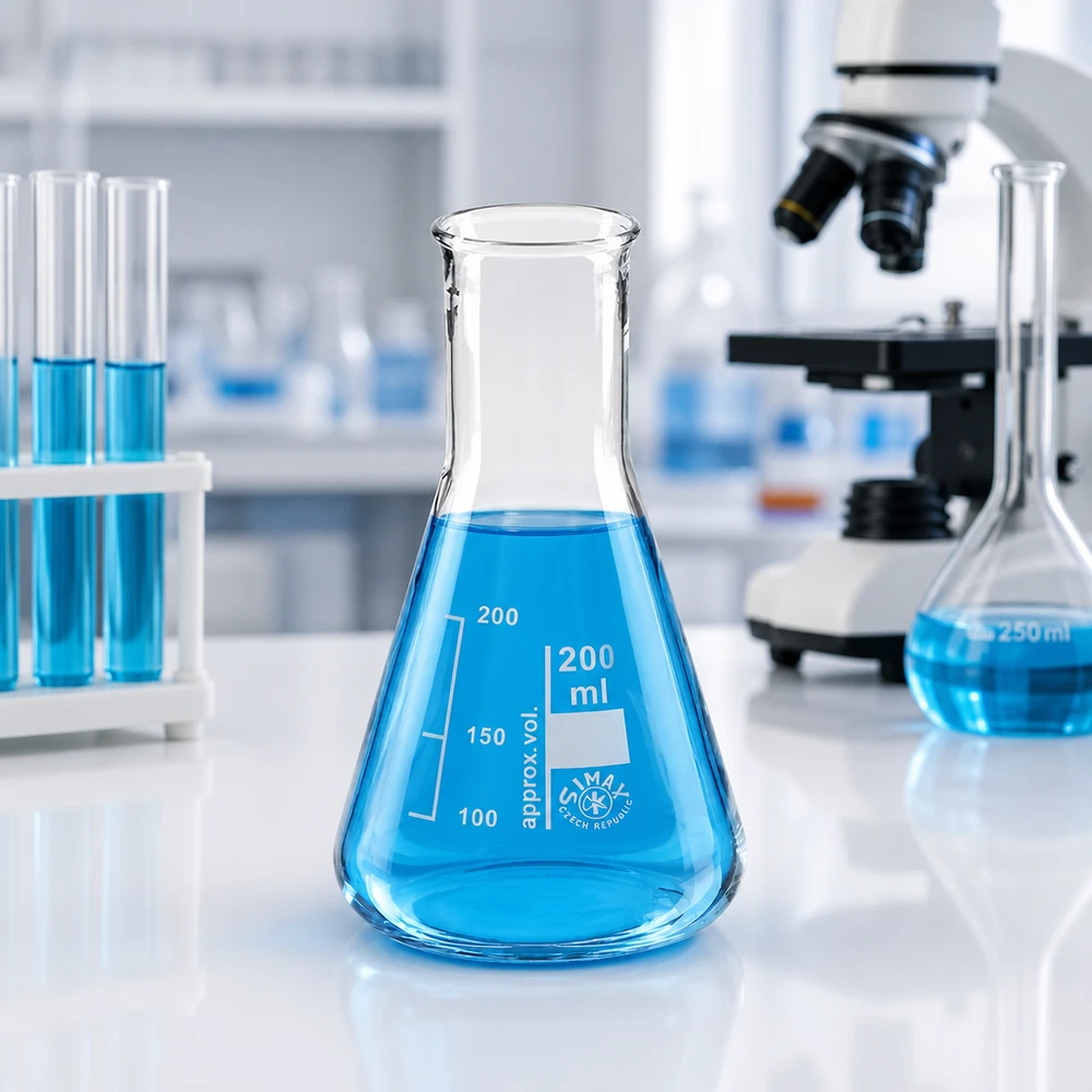 Erlenmeyer 200ml nauwe hals borosilicaat met afgeronde rand Erlenmeyer 200ml nauwe hals borosilicaat met afgeronde rand