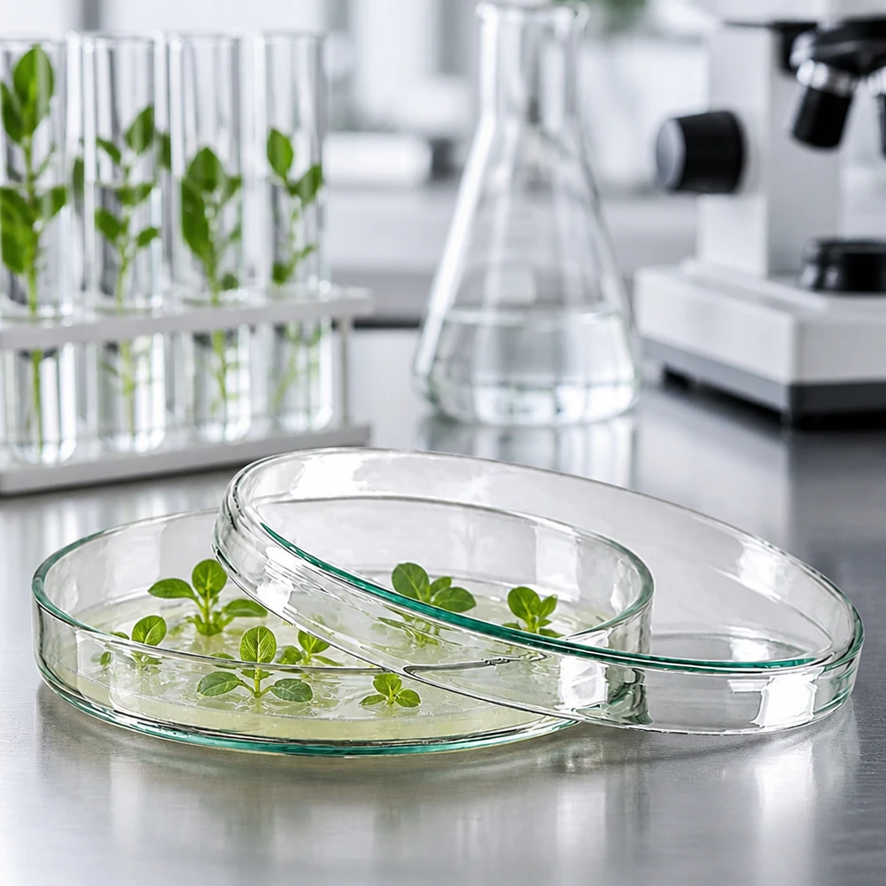 Petrischaal van 100 x 15 mm, glas, in gebruik bij de plantenbiotechnologie naast Erlenmeyer-kolven
